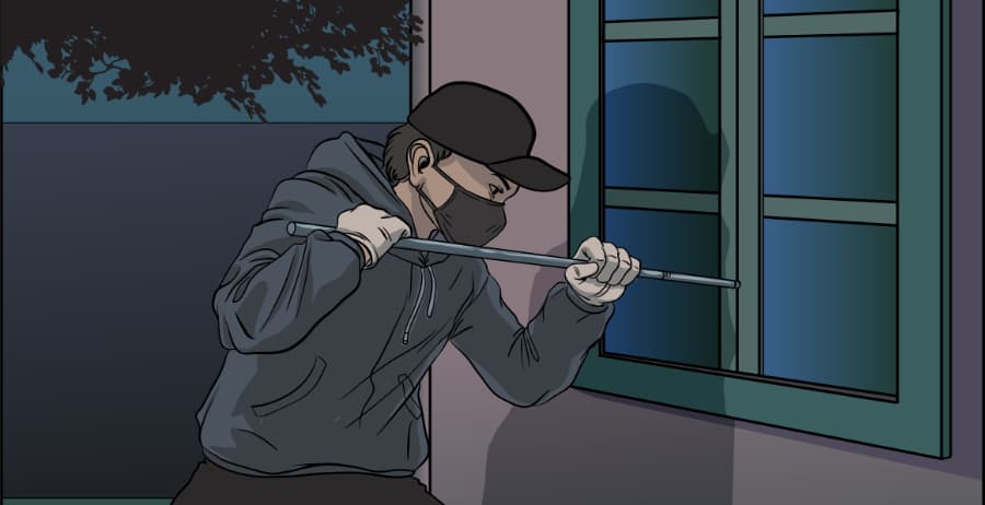 Illustration of burglar forcing entry through a window in Champaign